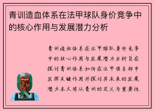 青训造血体系在法甲球队身价竞争中的核心作用与发展潜力分析